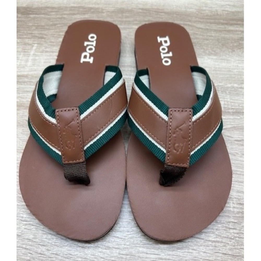 Polo Ralph Lauren Men's Vintage Bolt Leather Flip-Flops Tan/New Forest NEW - 9D